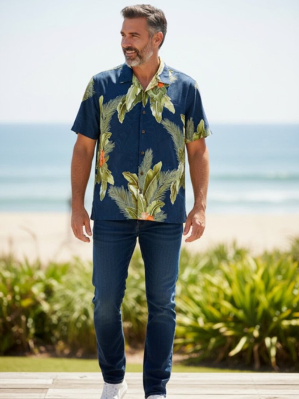 Tommy Bahama Tropical Palm Floral Hawaiian Shirt Navy Men’s XL